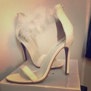 White furry ankle strap heel
